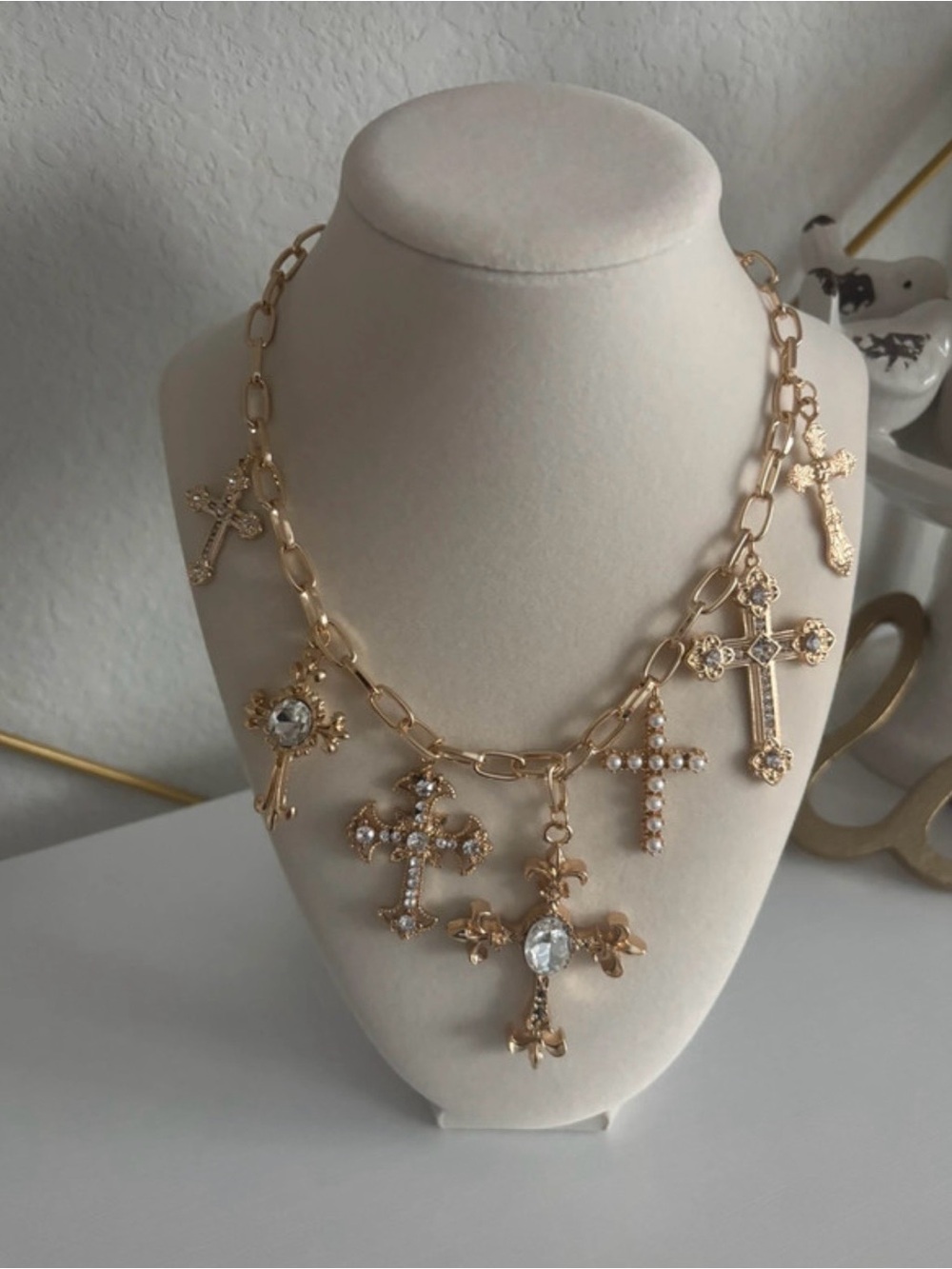 Gold Cross Charm Statement Necklace - Women Jewelry